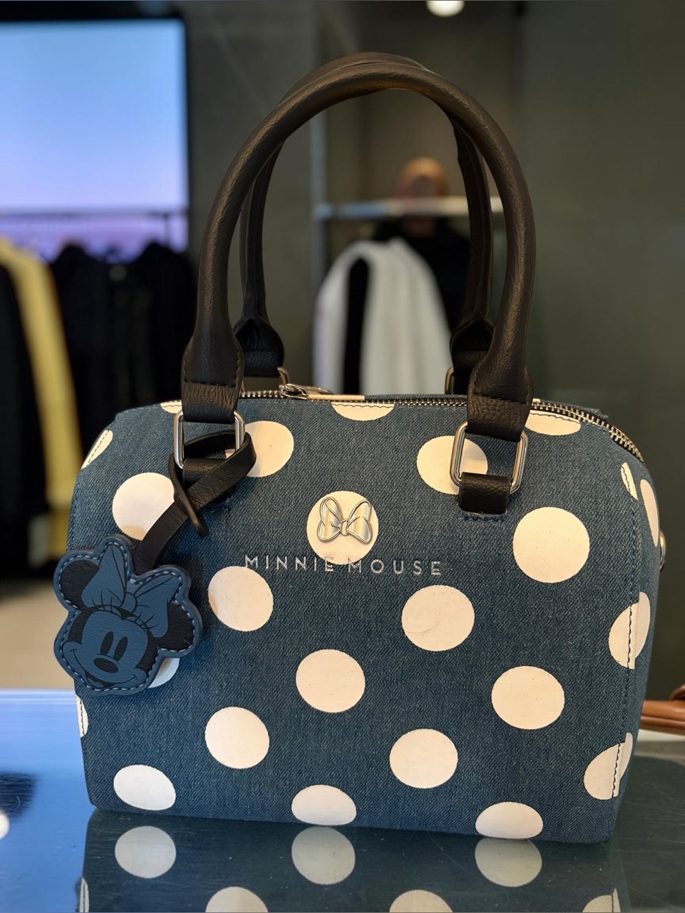 Loungefly Denim Polka Dot Minnie Mouse Satchel with Black Handles